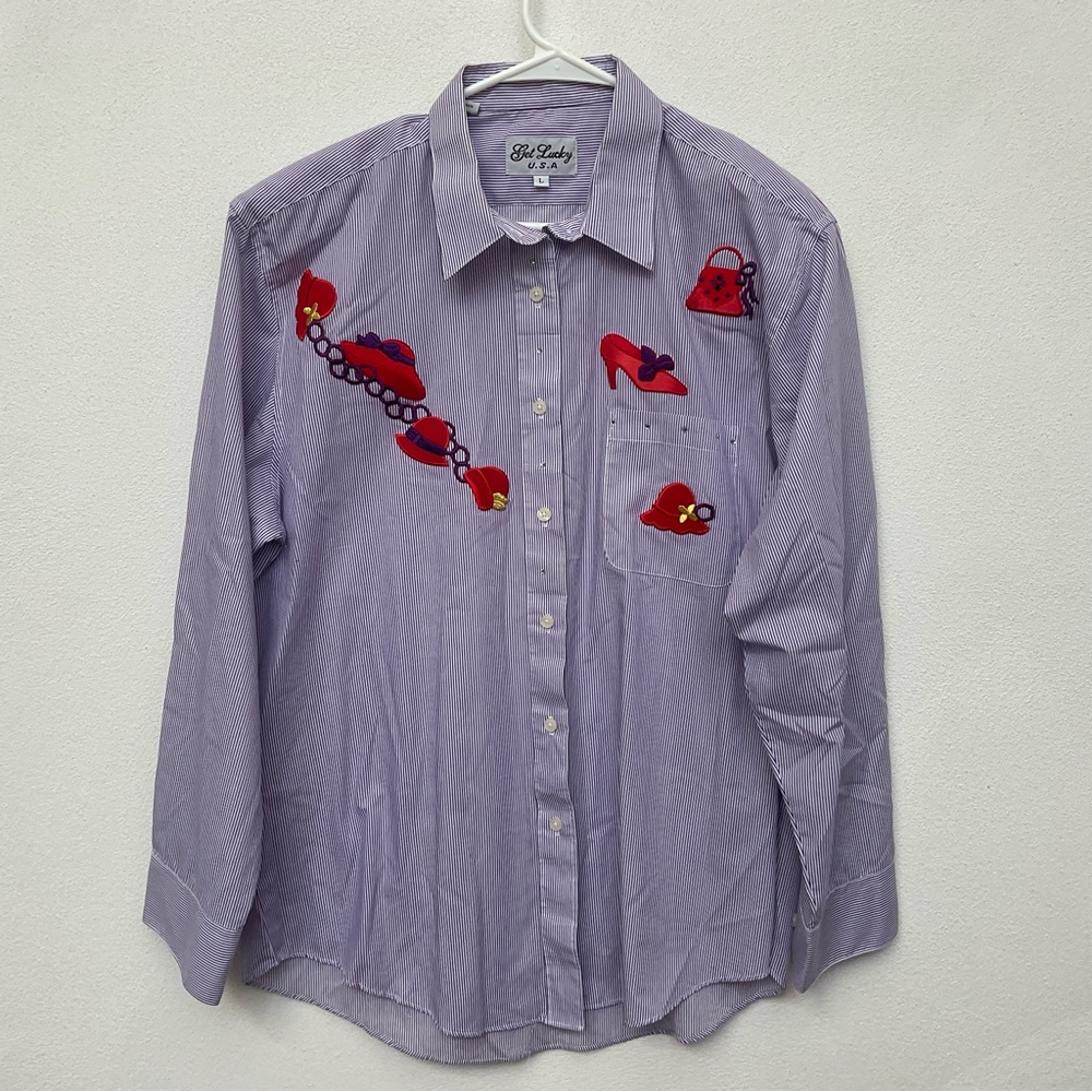 Get Lucky USA Purple, White Striped Button Down with Red Accessories Size Large